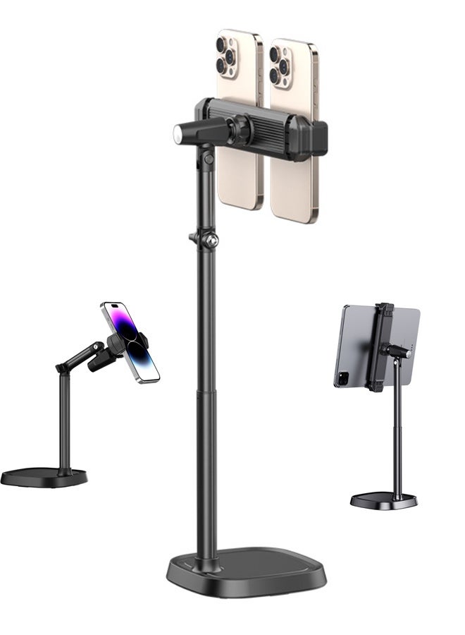 بكومور حامل مزدوج للهواتف والأجهزة اللوحية - ارتفاع قابل للتعديل من 30 إلى 45 سم، حامل مكتبي قابل للدوران 360 درجة للهواتف (أقل من 6.5 بوصة) والأجهزة اللوحية (من 4.7 إلى 12.9 بوصة)، مشبك مزدوج عالمي، بث مباشر، فيديو بدون استخدام اليدين، مناسب للمكتب والمنزل - Image 1